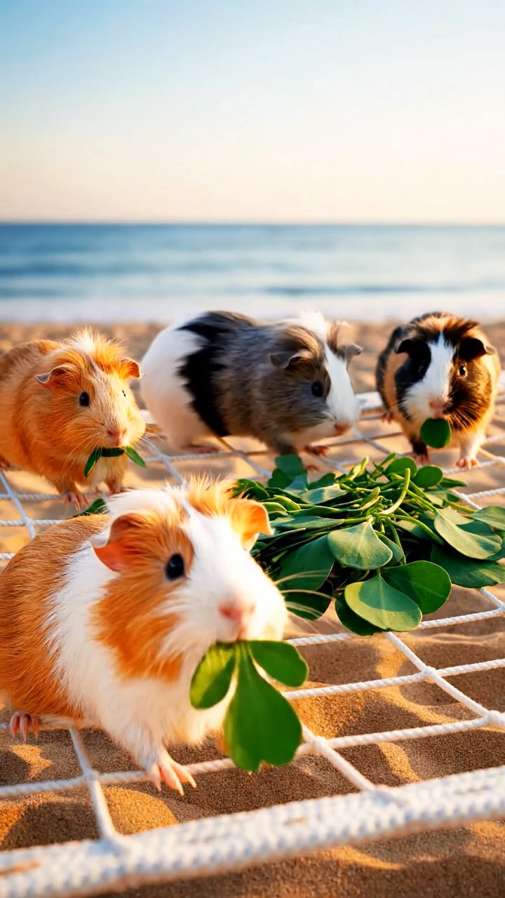 1079. Realistic scene of 1 smooth-haired White Crested guinea pig with cream fur, eating timothy hay, atop a nuclear submarine conning tower with radar antennas.