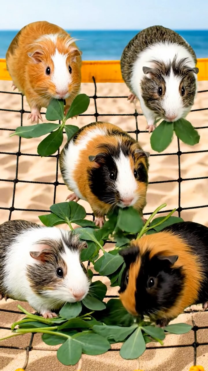 1079. Realistic scene of 1 smooth-haired White Crested guinea pig with cream fur, eating timothy hay, atop a nuclear submarine conning tower with radar antennas.