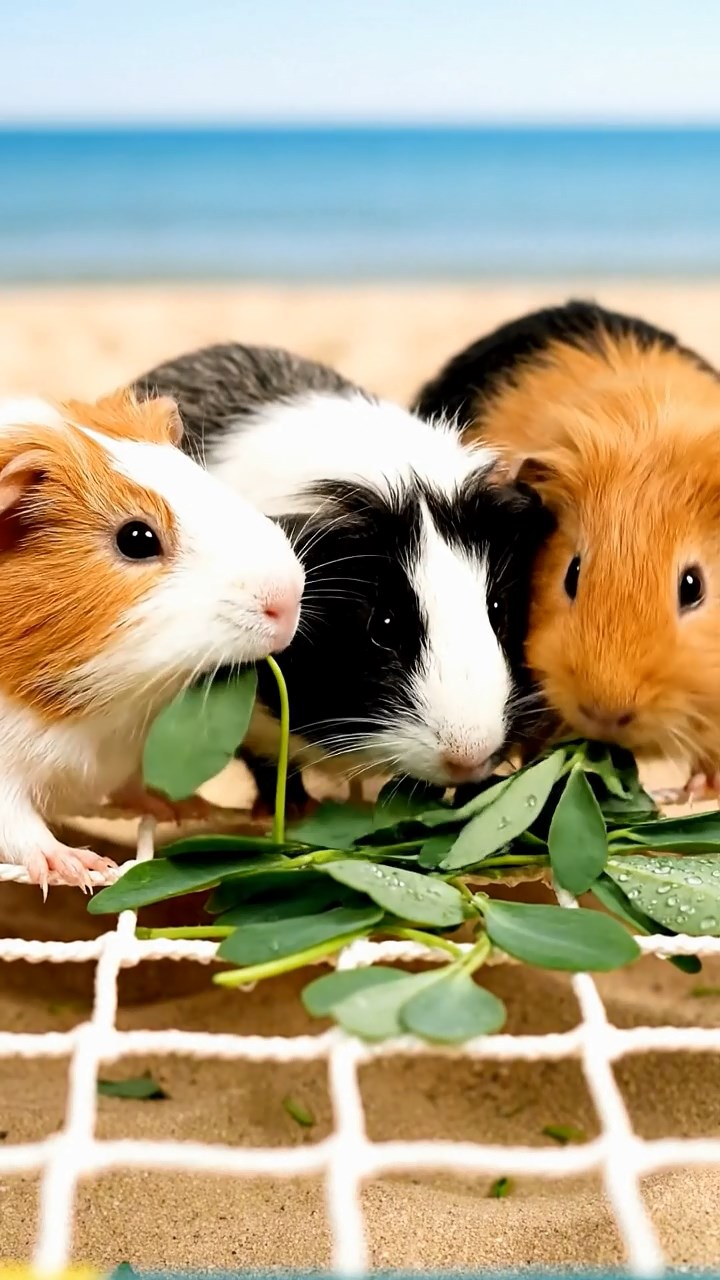 1079. Realistic scene of 1 smooth-haired White Crested guinea pig with cream fur, eating timothy hay, atop a nuclear submarine conning tower with radar antennas.