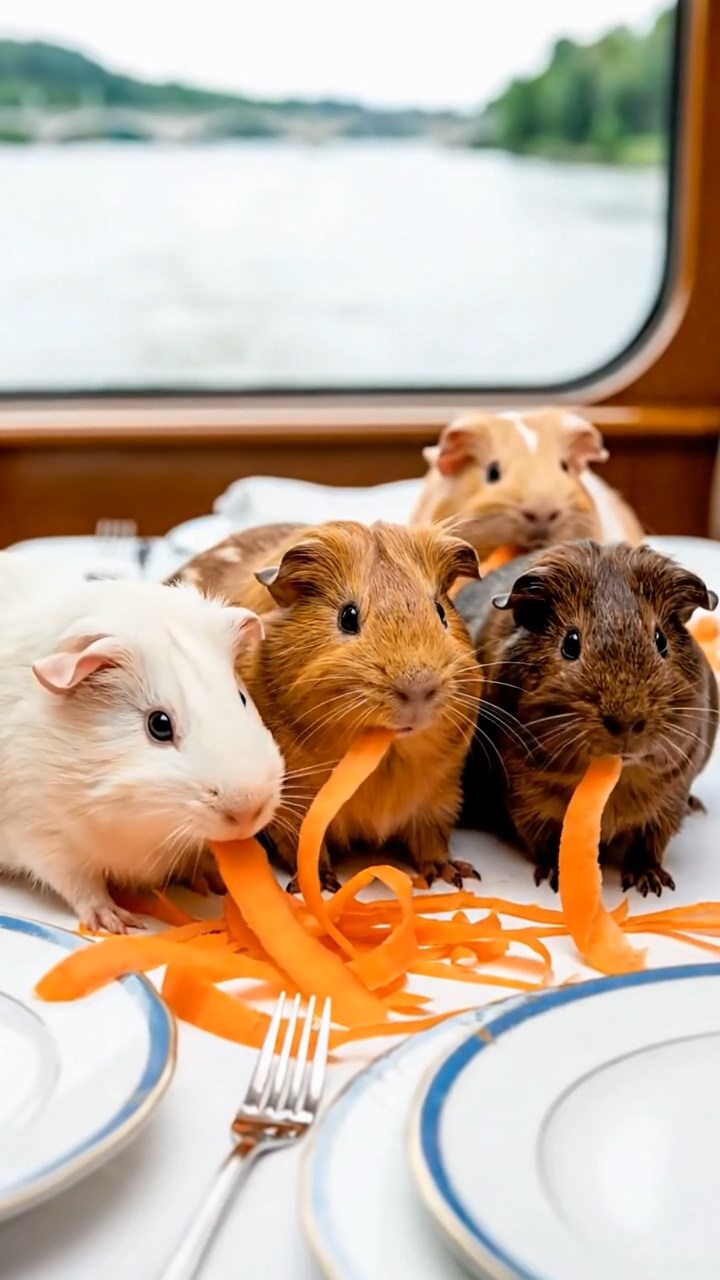 1080. Highly detailed view of 4 smooth-haired Skinny guinea pigs in fawn, chocolate, and cinnamon colors, nibbling on pineapple leaves, in a quiet university library special collections room.