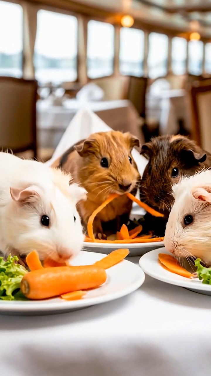 1080. Highly detailed view of 4 smooth-haired Skinny guinea pigs in fawn, chocolate, and cinnamon colors, nibbling on pineapple leaves, in a quiet university library special collections room.