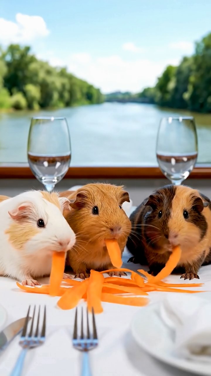 1080. Highly detailed view of 4 smooth-haired Skinny guinea pigs in fawn, chocolate, and cinnamon colors, nibbling on pineapple leaves, in a quiet university library special collections room.