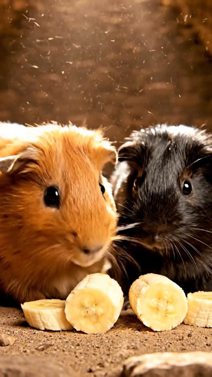 1081. Photorealistic photo of 2 smooth-haired American guinea pigs with sable and white fur, chewing on kale bunches, inside a woven hot air balloon basket drifting over valleys.