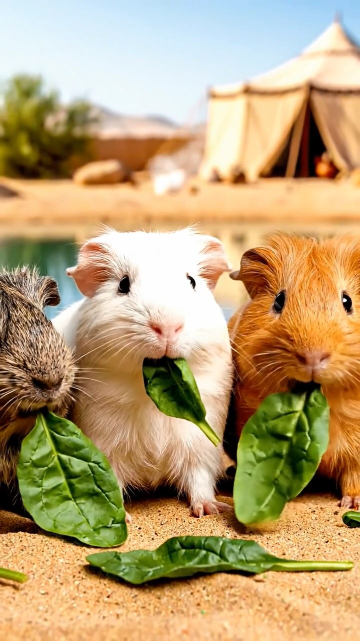 1082. Realistic depiction of 3 smooth-haired Abyssinian guinea pigs featuring orange, gray, and black coats, sharing broccoli heads, through a marine research lab underwater viewport.