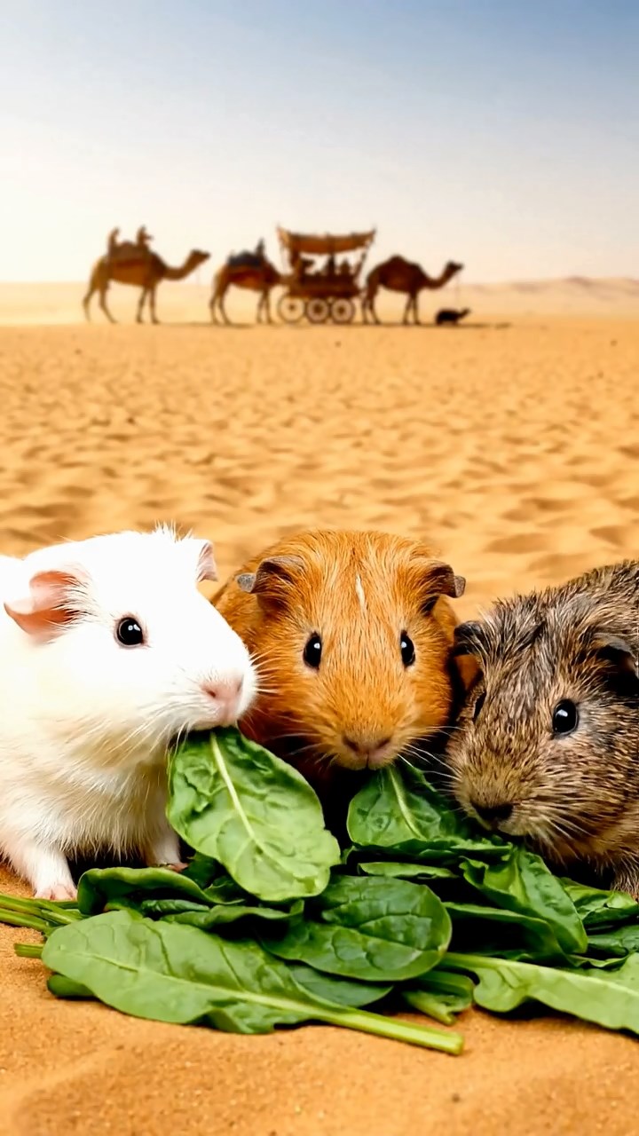 1082. Realistic depiction of 3 smooth-haired Abyssinian guinea pigs featuring orange, gray, and black coats, sharing broccoli heads, through a marine research lab underwater viewport.