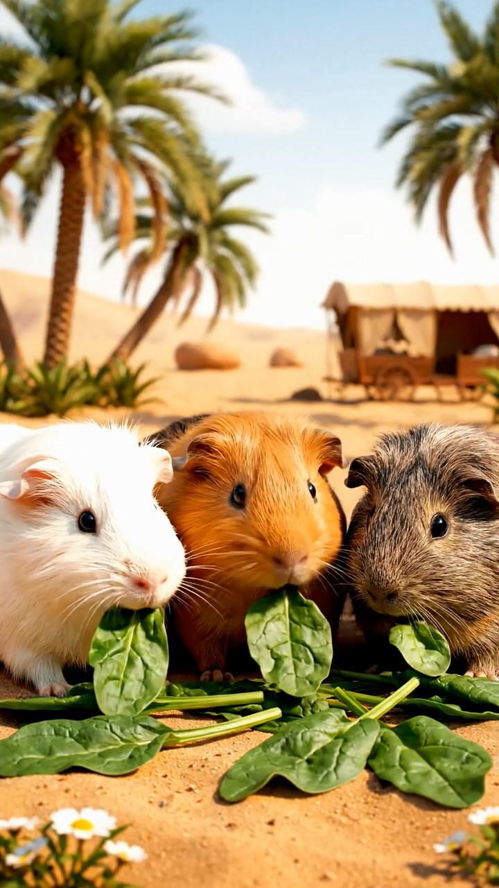 1082. Realistic depiction of 3 smooth-haired Abyssinian guinea pigs featuring orange, gray, and black coats, sharing broccoli heads, through a marine research lab underwater viewport.