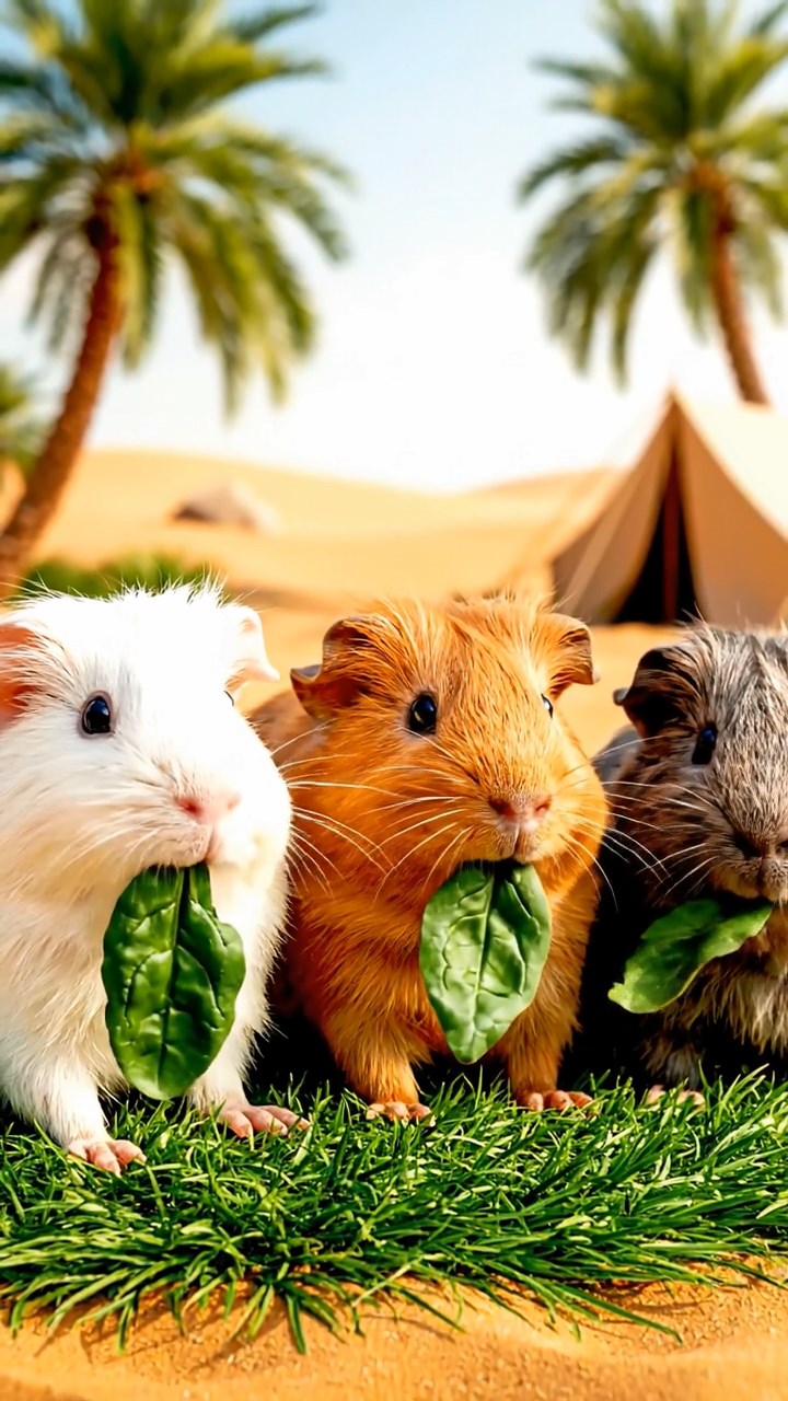 1083. Detailed image of 5 smooth-haired Peruvian guinea pigs with brown, cream, and fawn fur, munching on zucchini slices, by the drawbridge of a moated European castle.