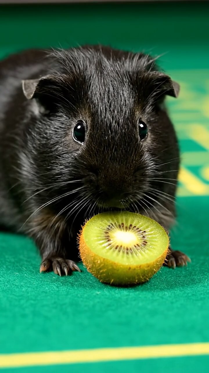 1083. Detailed image of 5 smooth-haired Peruvian guinea pigs with brown, cream, and fawn fur, munching on zucchini slices, by the drawbridge of a moated European castle.