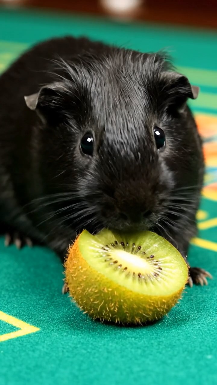 1083. Detailed image of 5 smooth-haired Peruvian guinea pigs with brown, cream, and fawn fur, munching on zucchini slices, by the drawbridge of a moated European castle.