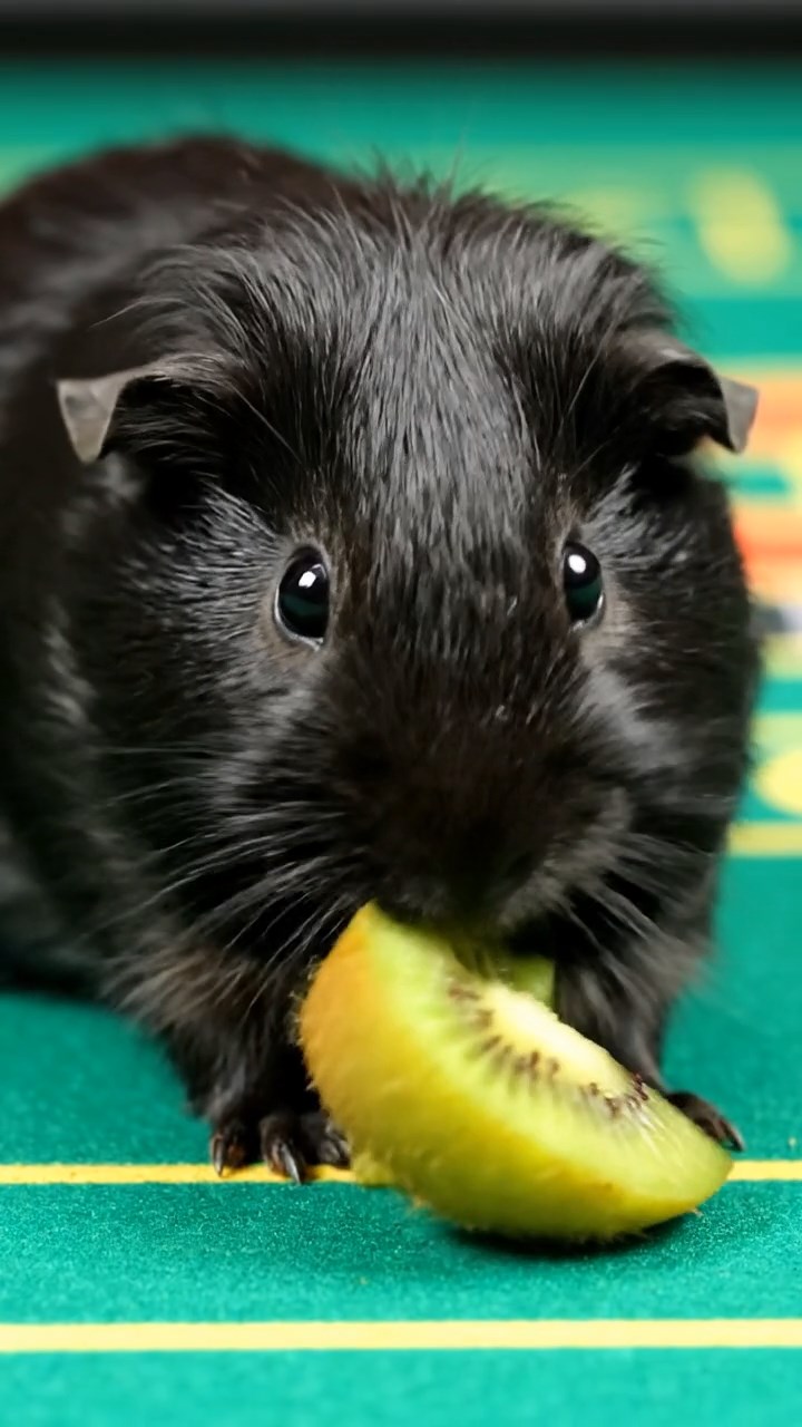 1083. Detailed image of 5 smooth-haired Peruvian guinea pigs with brown, cream, and fawn fur, munching on zucchini slices, by the drawbridge of a moated European castle.