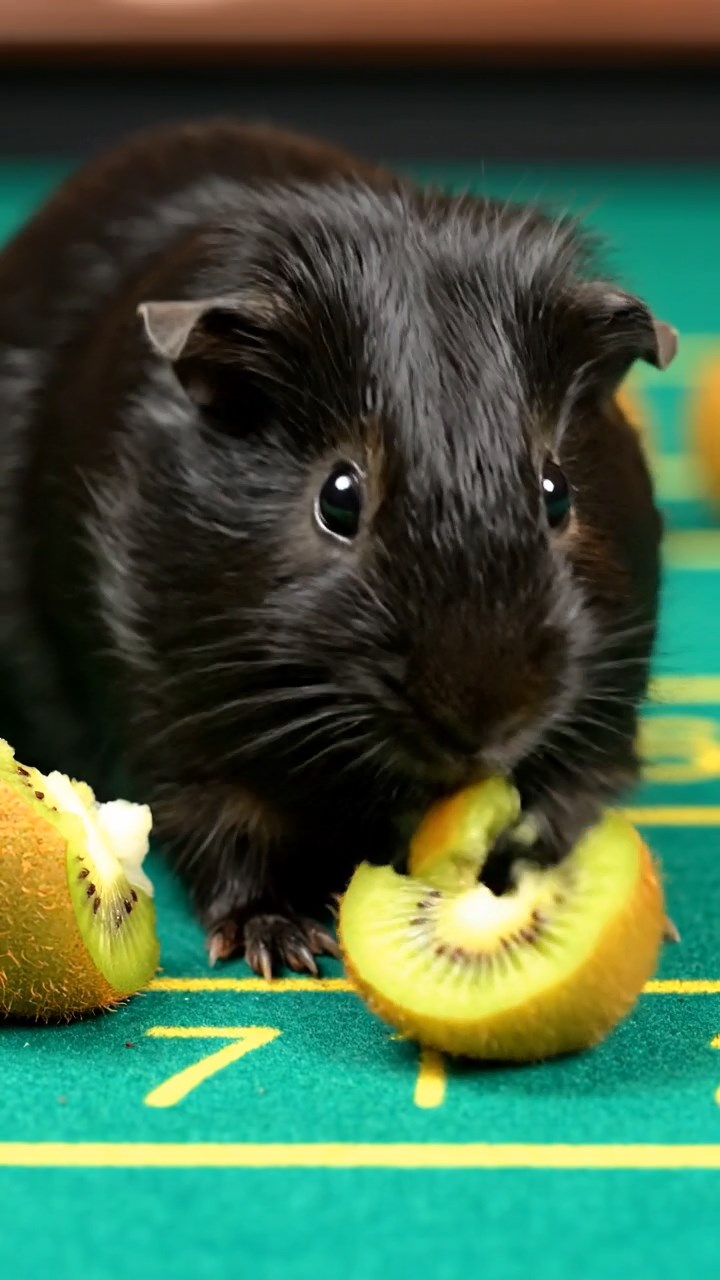 1084. Photorealistic scene of 1 smooth-haired Silkie guinea pig with chocolate fur, eating alfalfa hay, inside the caboose of a historic Wild West train.