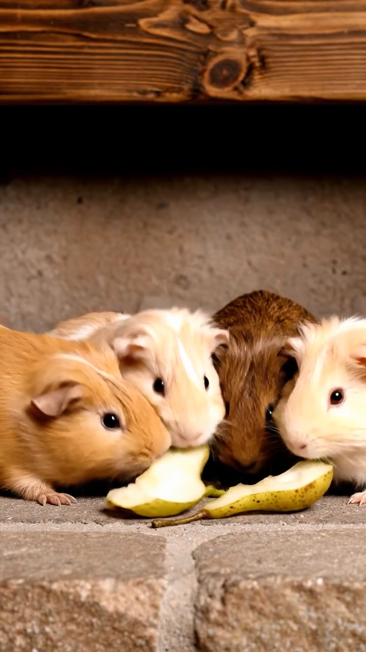 1084. Photorealistic scene of 1 smooth-haired Silkie guinea pig with chocolate fur, eating alfalfa hay, inside the caboose of a historic Wild West train.