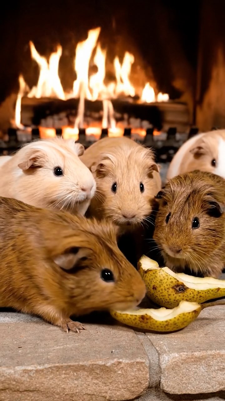 1084. Photorealistic scene of 1 smooth-haired Silkie guinea pig with chocolate fur, eating alfalfa hay, inside the caboose of a historic Wild West train.