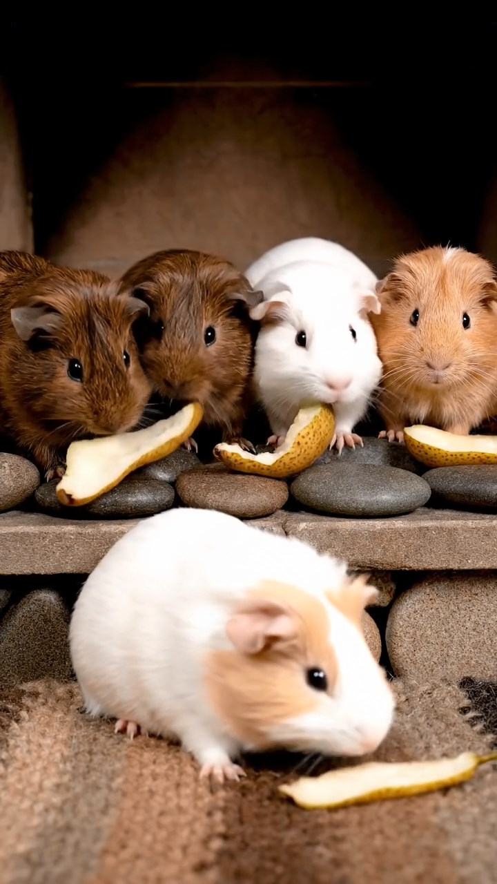1084. Photorealistic scene of 1 smooth-haired Silkie guinea pig with chocolate fur, eating alfalfa hay, inside the caboose of a historic Wild West train.