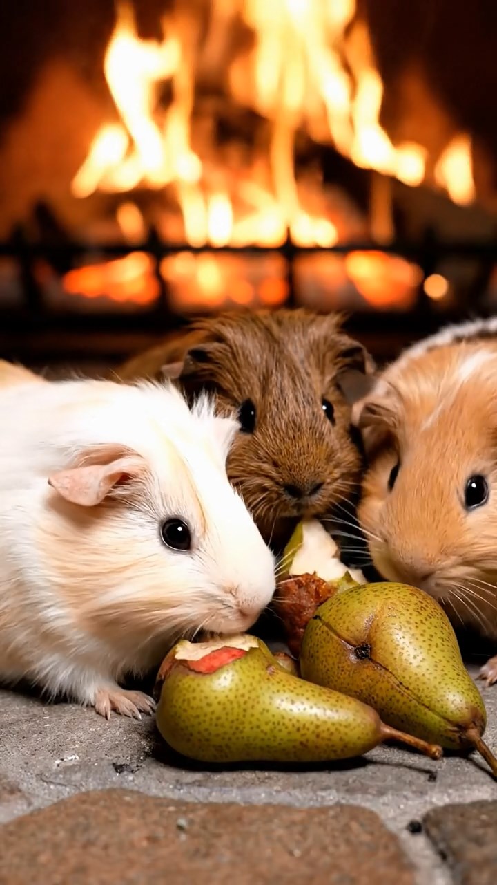 1085. Realistic photo of 4 smooth-haired Teddy guinea pigs in cinnamon, sable, and white colors, nibbling on grape halves, on a jagged Alaskan glacier crevasse edge.