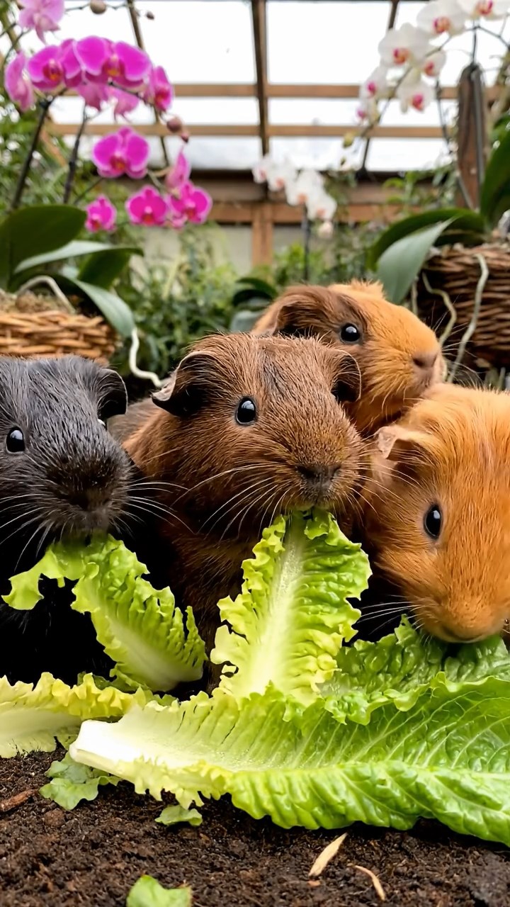 1085. Realistic photo of 4 smooth-haired Teddy guinea pigs in cinnamon, sable, and white colors, nibbling on grape halves, on a jagged Alaskan glacier crevasse edge.