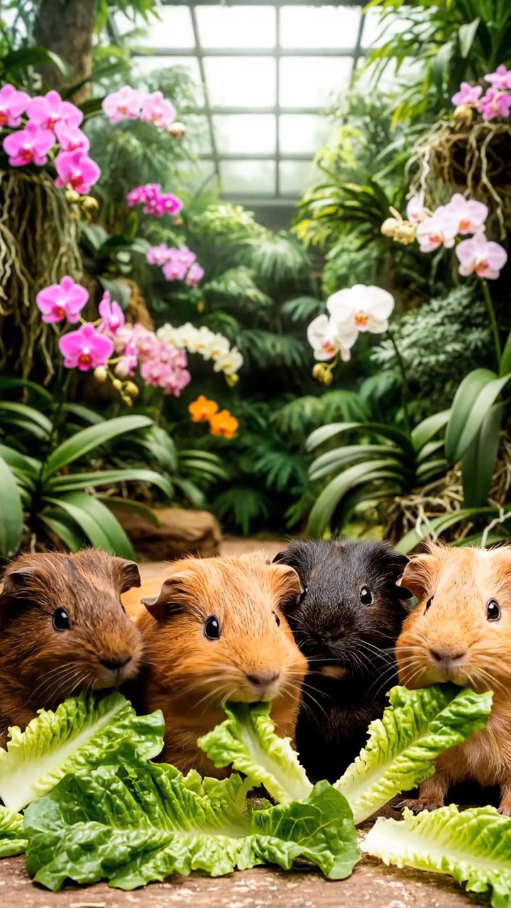 1085. Realistic photo of 4 smooth-haired Teddy guinea pigs in cinnamon, sable, and white colors, nibbling on grape halves, on a jagged Alaskan glacier crevasse edge.