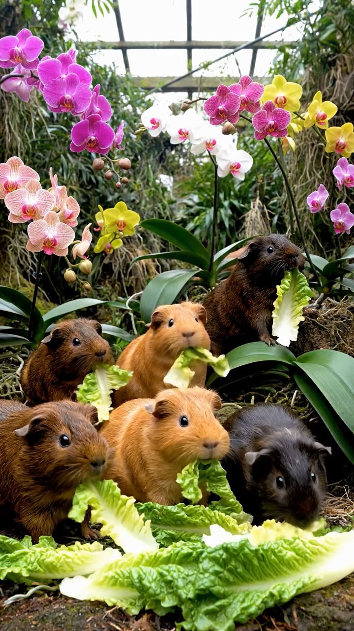 1085. Realistic photo of 4 smooth-haired Teddy guinea pigs in cinnamon, sable, and white colors, nibbling on grape halves, on a jagged Alaskan glacier crevasse edge.