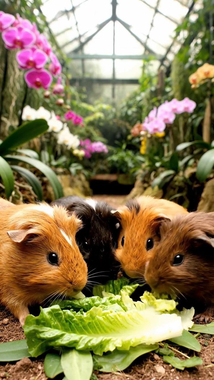 1086. Highly detailed view of 2 smooth-haired Texel guinea pigs with orange and gray fur, chewing on bell pepper strips, in a fragrant Moroccan spice market souk.