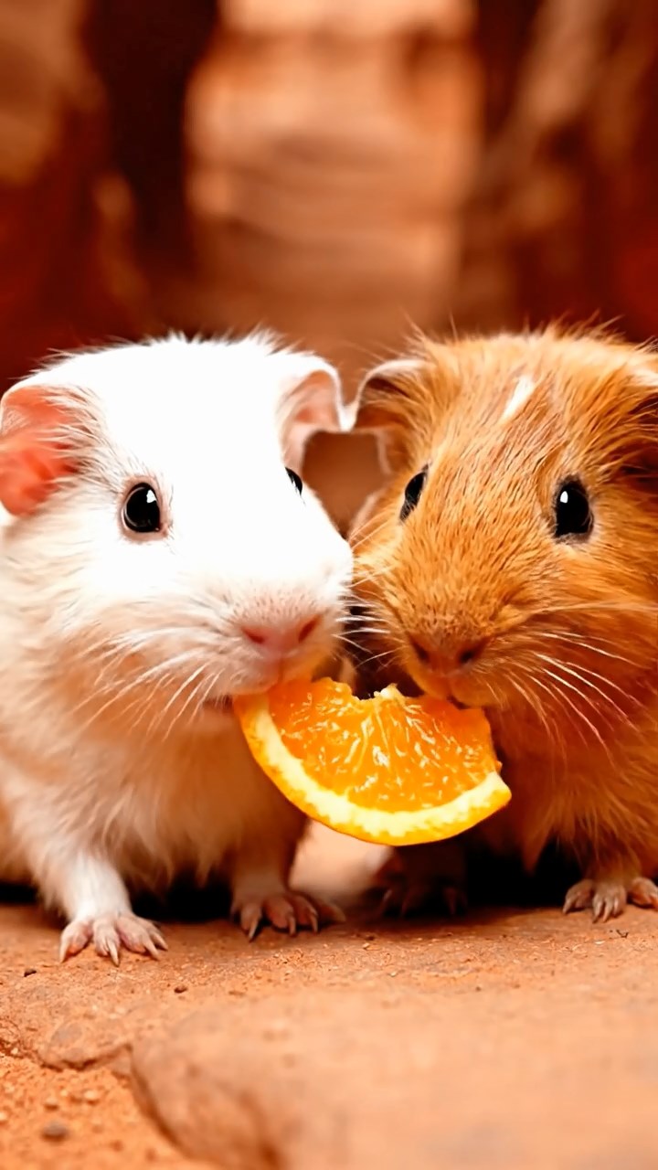 1086. Highly detailed view of 2 smooth-haired Texel guinea pigs with orange and gray fur, chewing on bell pepper strips, in a fragrant Moroccan spice market souk.