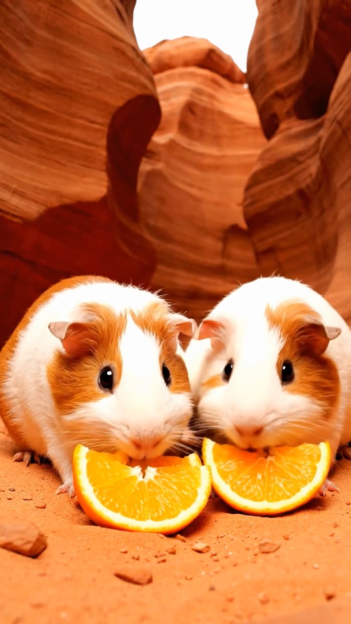1086. Highly detailed view of 2 smooth-haired Texel guinea pigs with orange and gray fur, chewing on bell pepper strips, in a fragrant Moroccan spice market souk.