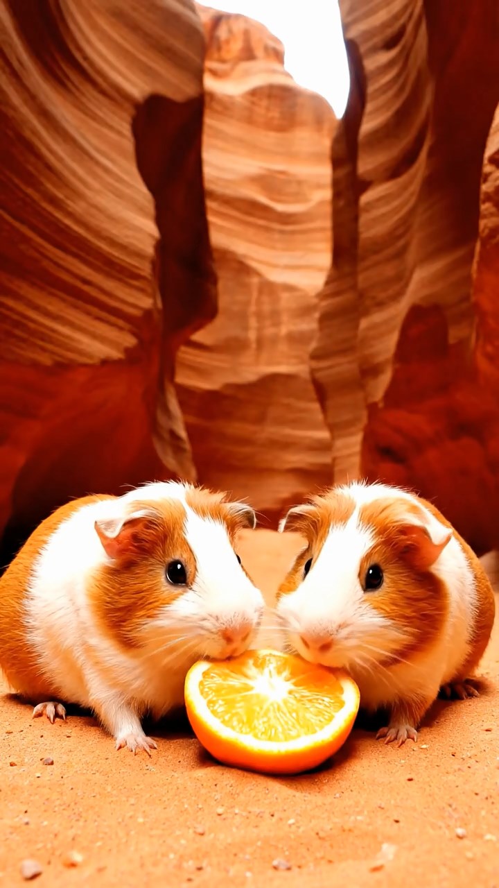 1086. Highly detailed view of 2 smooth-haired Texel guinea pigs with orange and gray fur, chewing on bell pepper strips, in a fragrant Moroccan spice market souk.