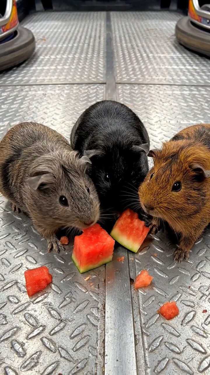 1087. Photorealistic image of 3 smooth-haired Rex guinea pigs featuring black, brown, and cream coats, sharing carrot sticks, on a modern rooftop infinity pool deck.