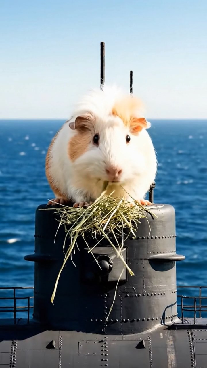 1088. Realistic depiction of 1 smooth-haired Coronet guinea pig with fawn fur, munching on celery ribs, inside a walkthrough shark aquarium tunnel with predators circling.