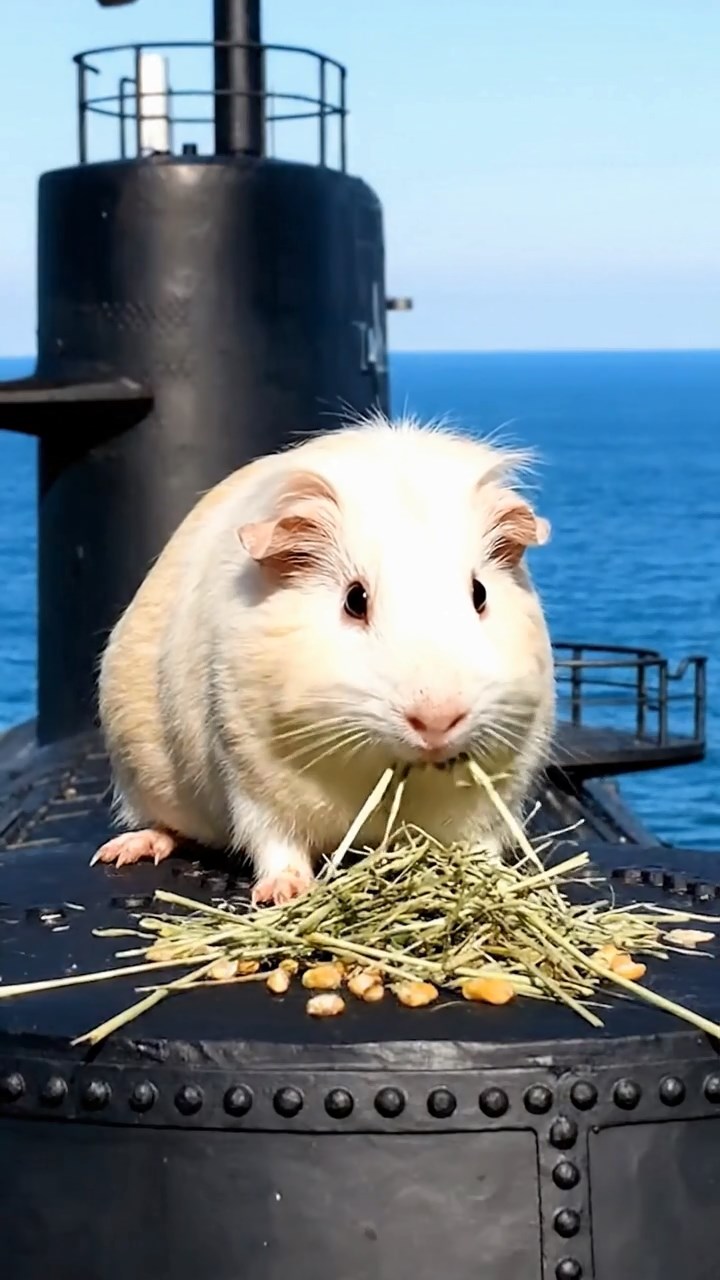 1088. Realistic depiction of 1 smooth-haired Coronet guinea pig with fawn fur, munching on celery ribs, inside a walkthrough shark aquarium tunnel with predators circling.