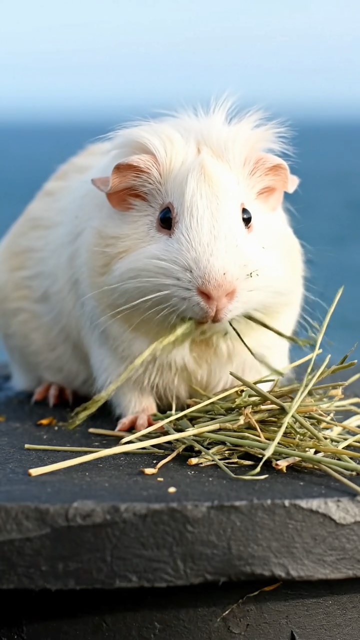 1088. Realistic depiction of 1 smooth-haired Coronet guinea pig with fawn fur, munching on celery ribs, inside a walkthrough shark aquarium tunnel with predators circling.