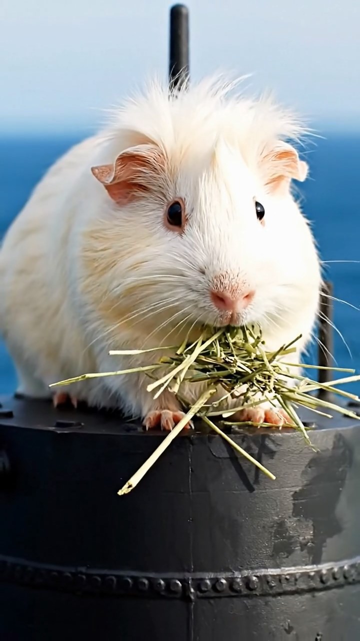 1089. Detailed scene of 5 smooth-haired White Crested guinea pigs with chocolate, cinnamon, and sable fur, eating orange peels, in a rustic barn hayloft with sunbeams filtering.
