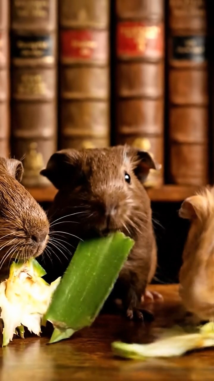 1089. Detailed scene of 5 smooth-haired White Crested guinea pigs with chocolate, cinnamon, and sable fur, eating orange peels, in a rustic barn hayloft with sunbeams filtering.