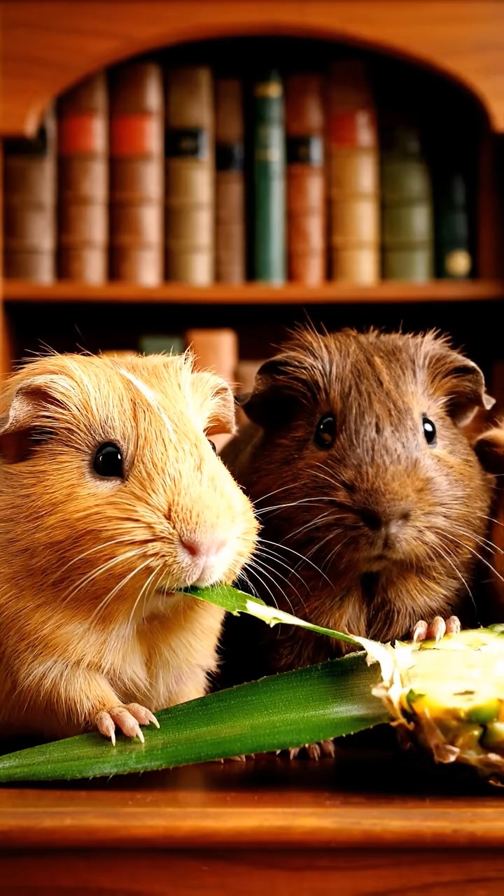 1089. Detailed scene of 5 smooth-haired White Crested guinea pigs with chocolate, cinnamon, and sable fur, eating orange peels, in a rustic barn hayloft with sunbeams filtering.