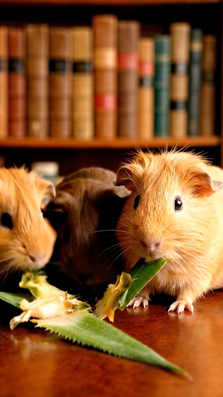 1089. Detailed scene of 5 smooth-haired White Crested guinea pigs with chocolate, cinnamon, and sable fur, eating orange peels, in a rustic barn hayloft with sunbeams filtering.