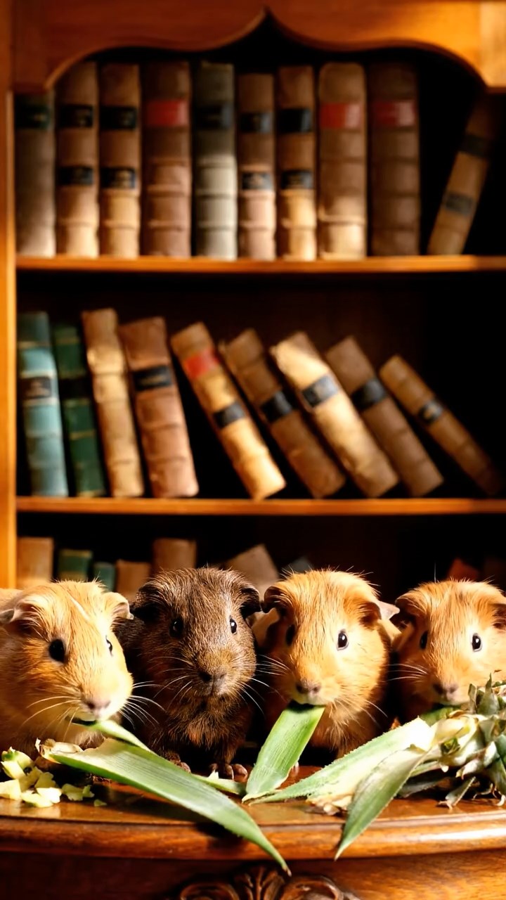 1090. Photorealistic photo of 4 smooth-haired Skinny guinea pigs in white, orange, and gray colors, nibbling on banana chunks, near a NASA space shuttle exhibit in a museum.