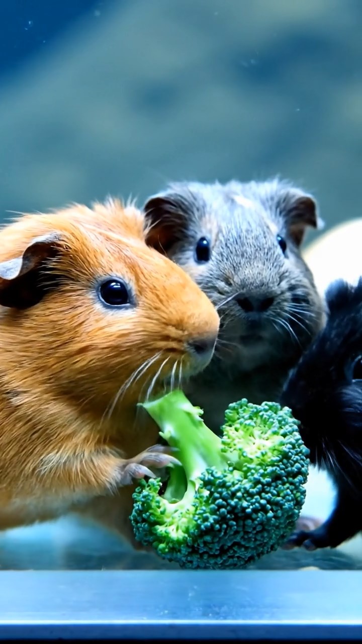 1091. Realistic image of 2 smooth-haired American guinea pigs with black and brown fur, chewing on strawberry slices, atop a sandy pirate treasure chest on a deserted island.