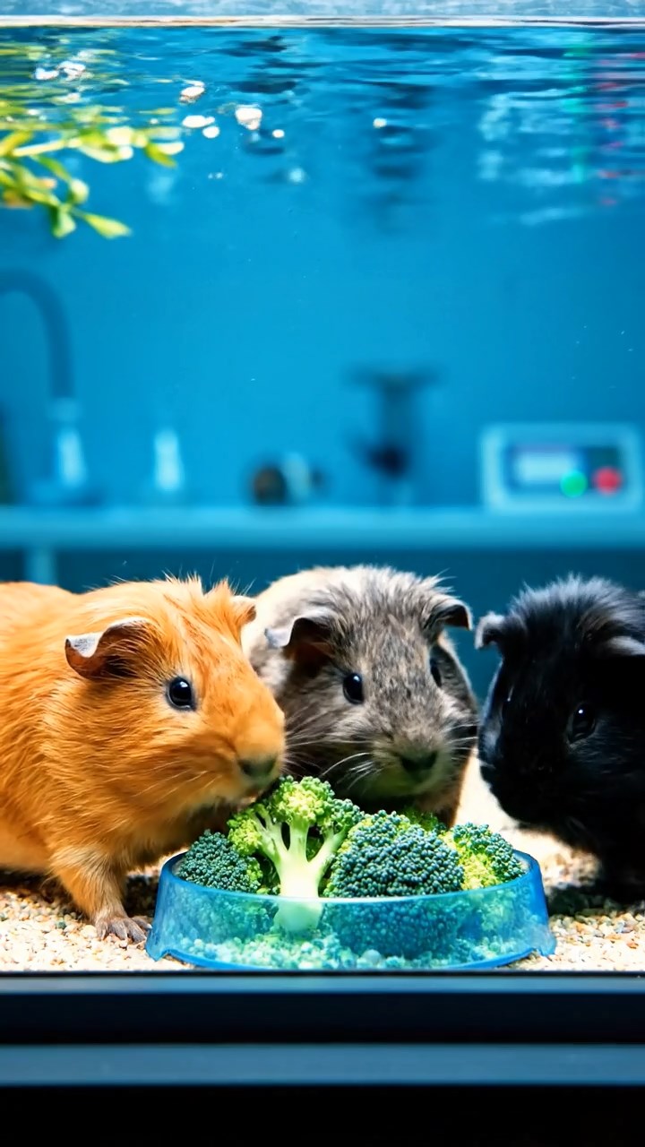 1091. Realistic image of 2 smooth-haired American guinea pigs with black and brown fur, chewing on strawberry slices, atop a sandy pirate treasure chest on a deserted island.