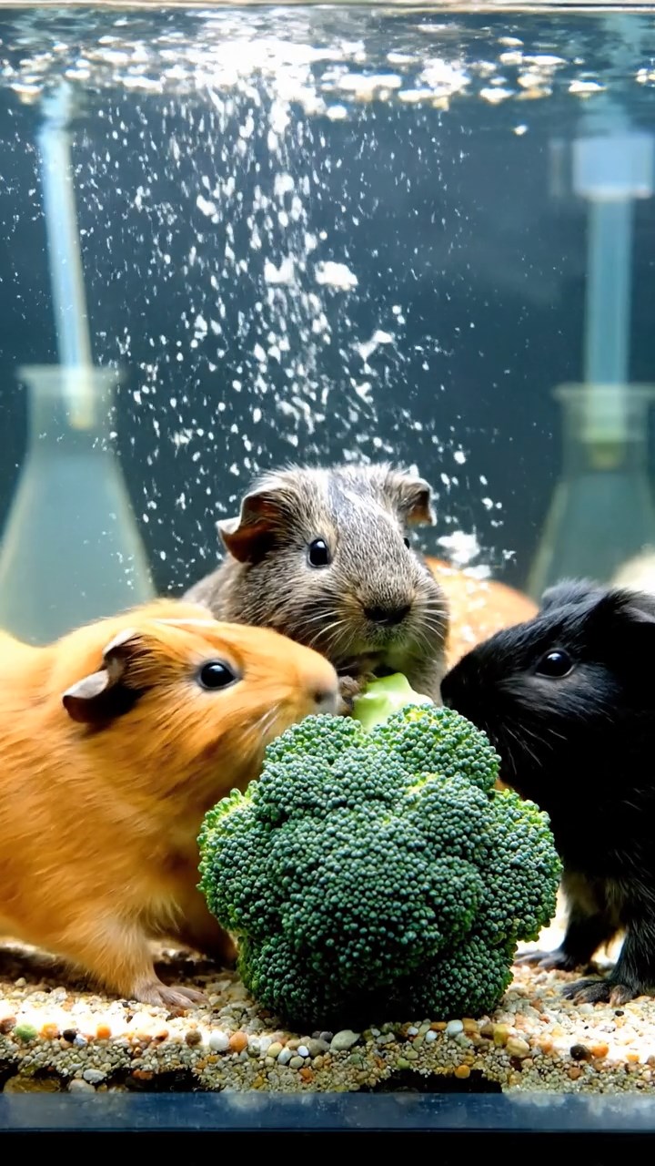 1091. Realistic image of 2 smooth-haired American guinea pigs with black and brown fur, chewing on strawberry slices, atop a sandy pirate treasure chest on a deserted island.