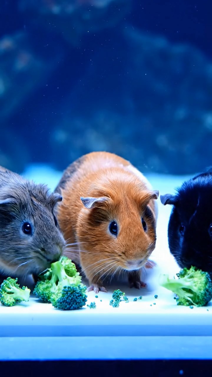 1091. Realistic image of 2 smooth-haired American guinea pigs with black and brown fur, chewing on strawberry slices, atop a sandy pirate treasure chest on a deserted island.