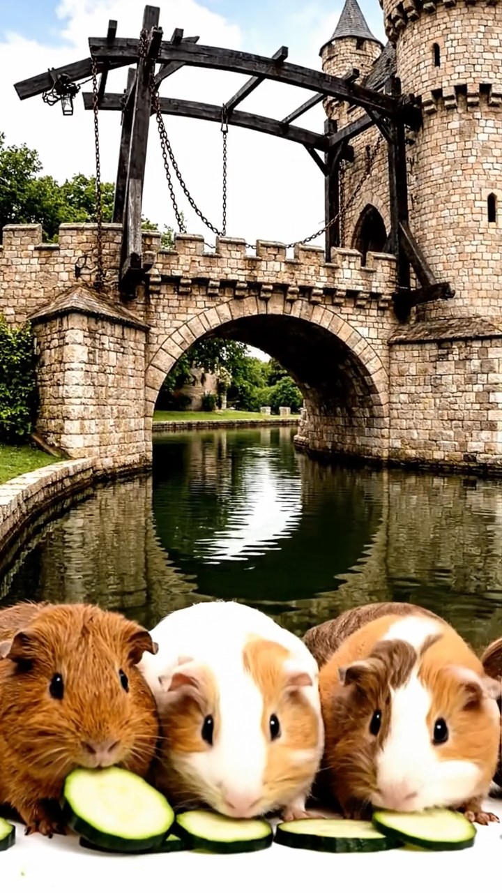 1092. Highly detailed view of 3 smooth-haired Abyssinian guinea pigs featuring cream, fawn, and chocolate coats, sharing pear halves, inside a French patisserie bakery display case.
