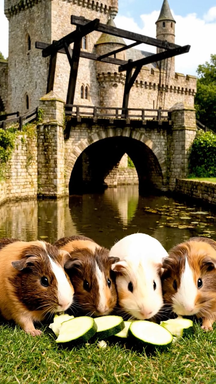 1092. Highly detailed view of 3 smooth-haired Abyssinian guinea pigs featuring cream, fawn, and chocolate coats, sharing pear halves, inside a French patisserie bakery display case.