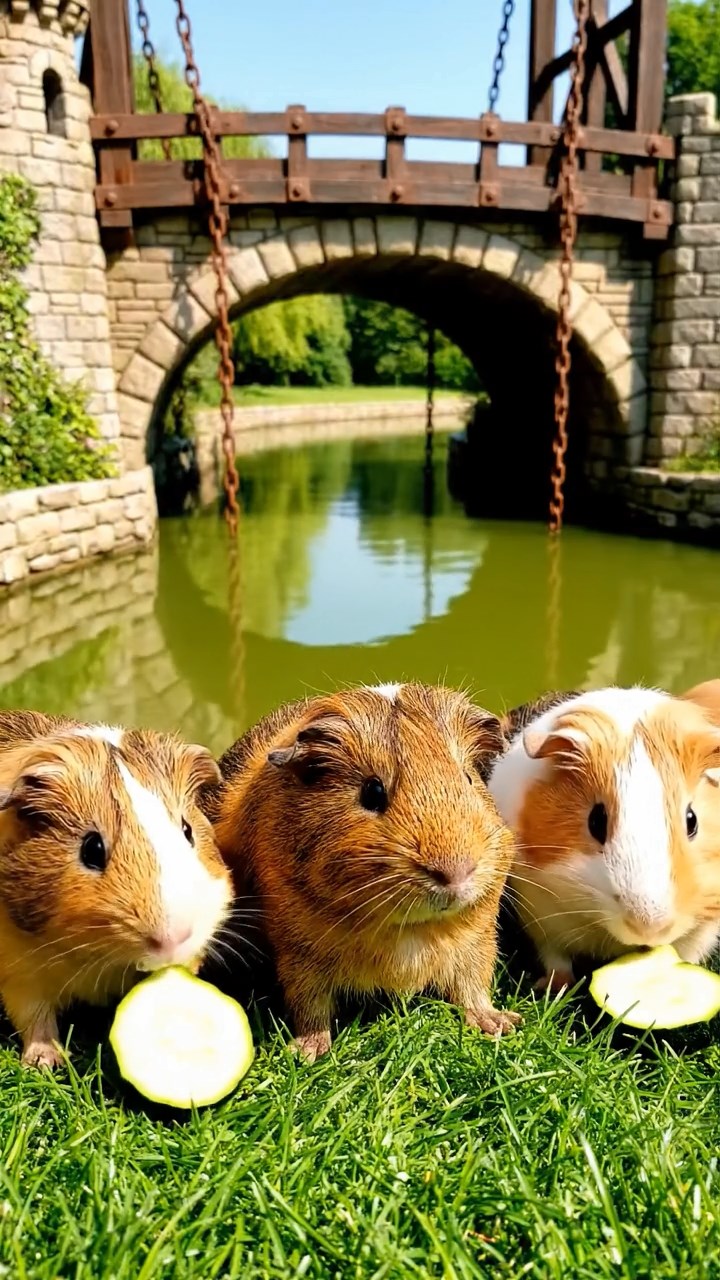 1092. Highly detailed view of 3 smooth-haired Abyssinian guinea pigs featuring cream, fawn, and chocolate coats, sharing pear halves, inside a French patisserie bakery display case.