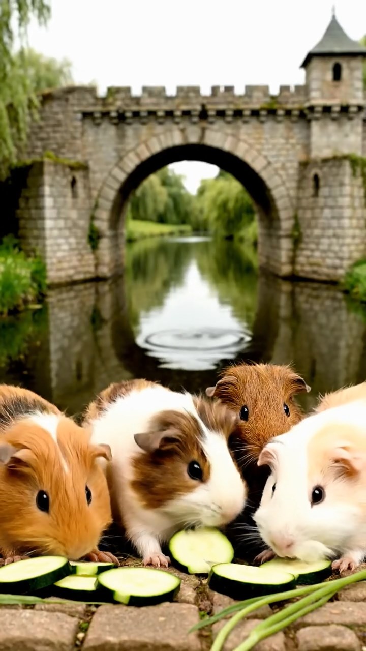 1092. Highly detailed view of 3 smooth-haired Abyssinian guinea pigs featuring cream, fawn, and chocolate coats, sharing pear halves, inside a French patisserie bakery display case.