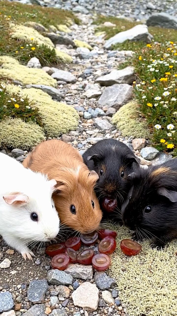 1094. Realistic depiction of 4 smooth-haired Silkie guinea pigs with sable, white, and orange fur, eating timothy hay, on a crowded New York subway station bench.