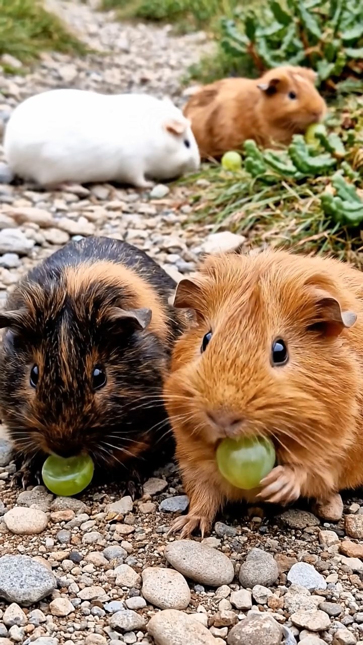 1094. Realistic depiction of 4 smooth-haired Silkie guinea pigs with sable, white, and orange fur, eating timothy hay, on a crowded New York subway station bench.