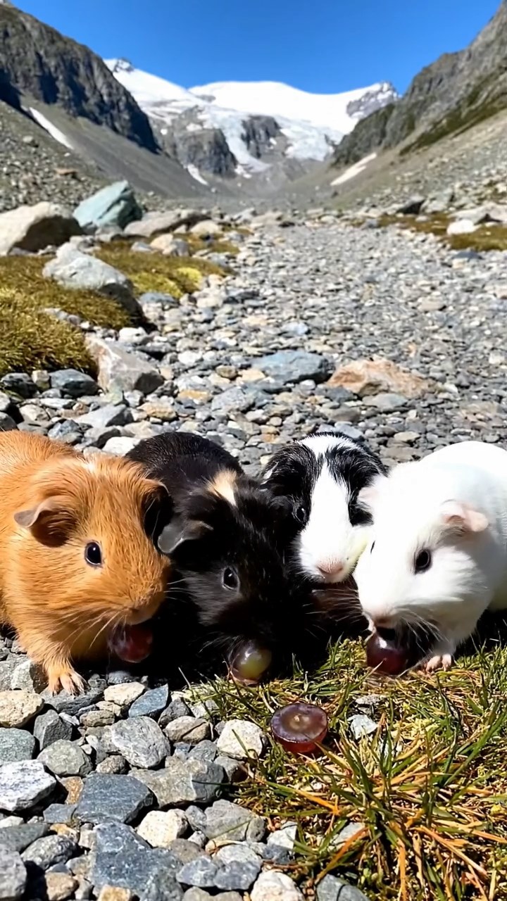 1094. Realistic depiction of 4 smooth-haired Silkie guinea pigs with sable, white, and orange fur, eating timothy hay, on a crowded New York subway station bench.
