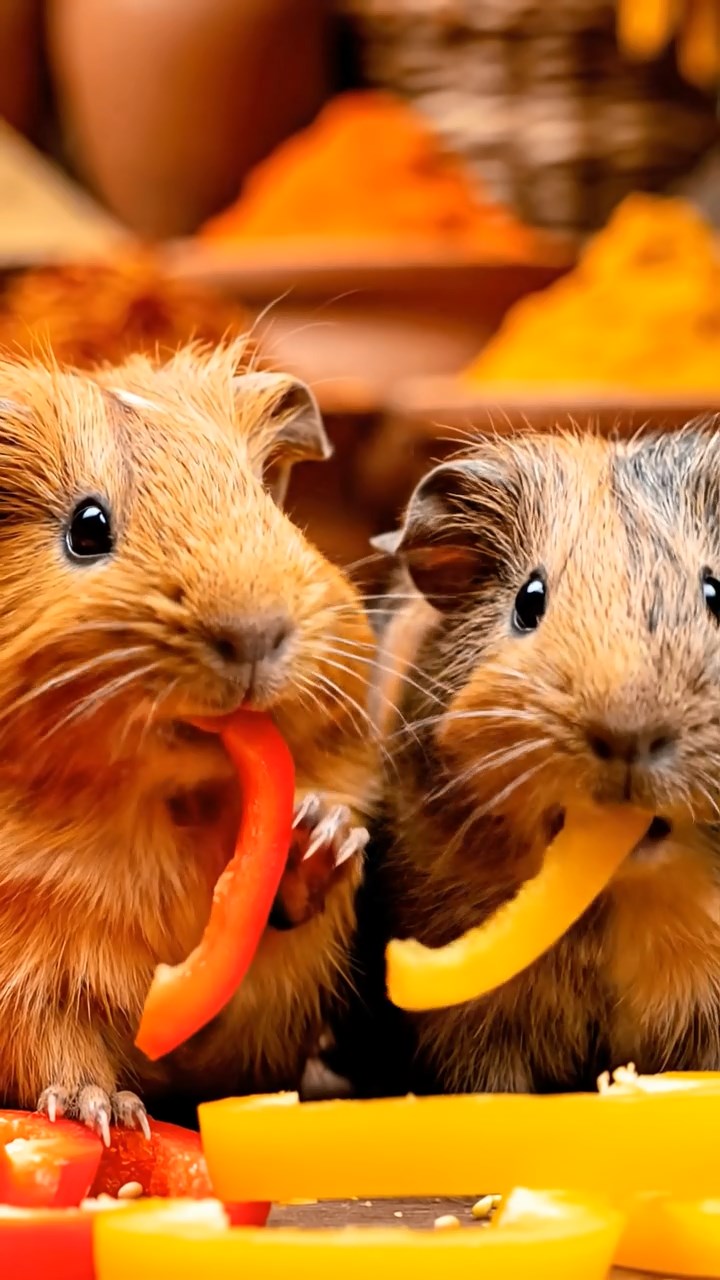 1095. Detailed photo of 2 smooth-haired Teddy guinea pigs in gray and black colors, nibbling on kiwi slices, by the edge of a bubbling outdoor hot tub in winter.