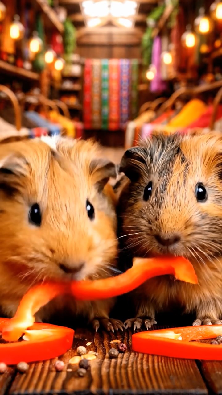 1095. Detailed photo of 2 smooth-haired Teddy guinea pigs in gray and black colors, nibbling on kiwi slices, by the edge of a bubbling outdoor hot tub in winter.