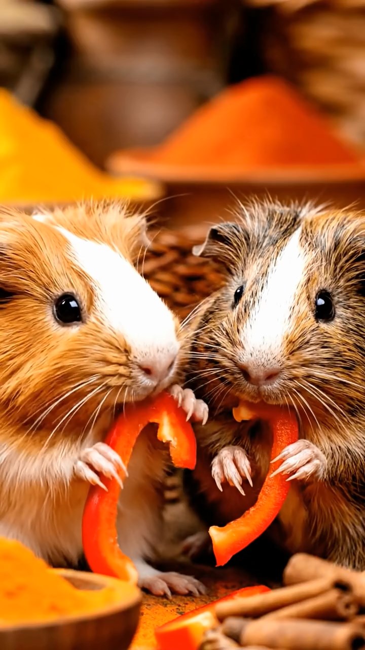 1095. Detailed photo of 2 smooth-haired Teddy guinea pigs in gray and black colors, nibbling on kiwi slices, by the edge of a bubbling outdoor hot tub in winter.