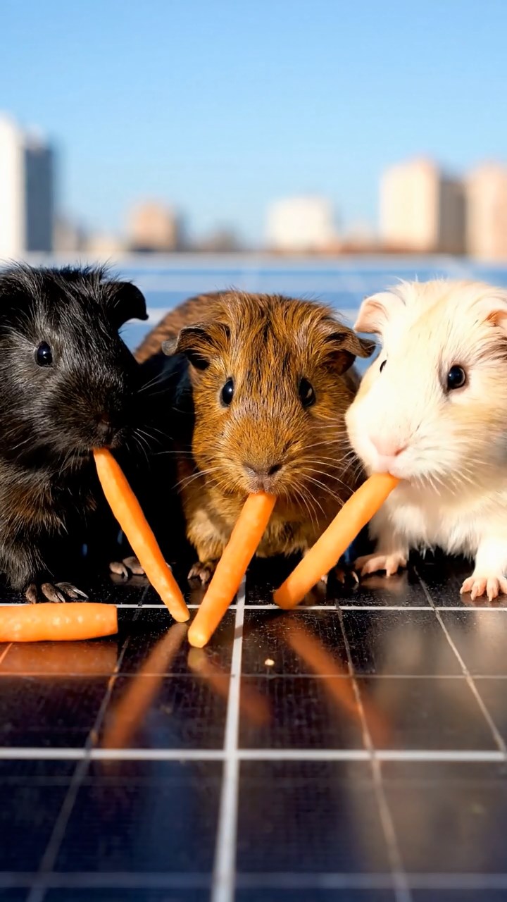 1095. Detailed photo of 2 smooth-haired Teddy guinea pigs in gray and black colors, nibbling on kiwi slices, by the edge of a bubbling outdoor hot tub in winter.